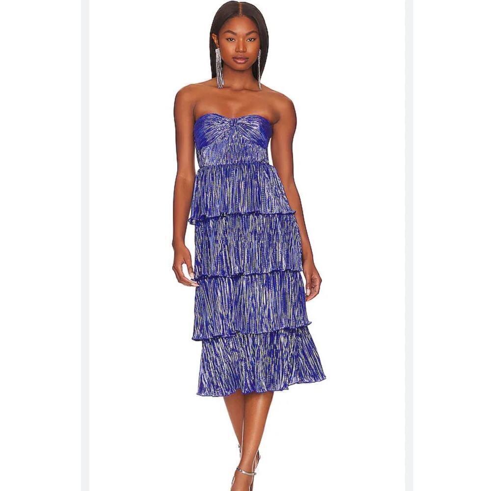 Nwot Lovers And Friends Mya Midi Tiered Blue Metallic Dress Women's Size M